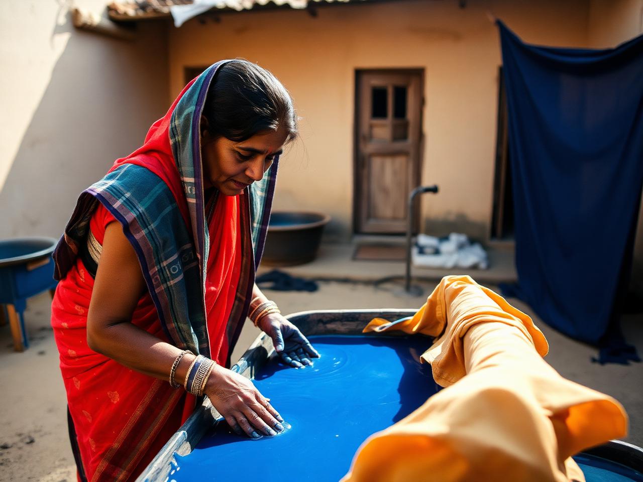 Hands working with natural indigo dye